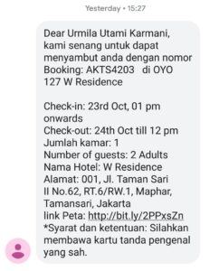 OYO 127 W Residence - SMS Saat Booking dan Check In Reminder